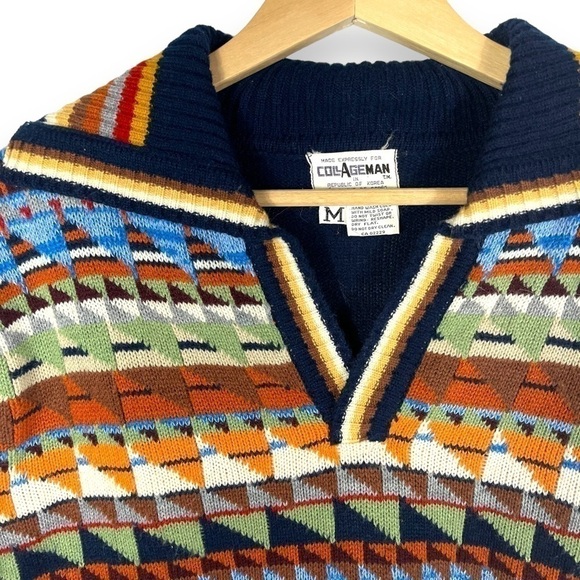 Coll Ageman Vintage Collared V Neck Sweater, Navy Multi, Size Medium - Picture 3 of 9